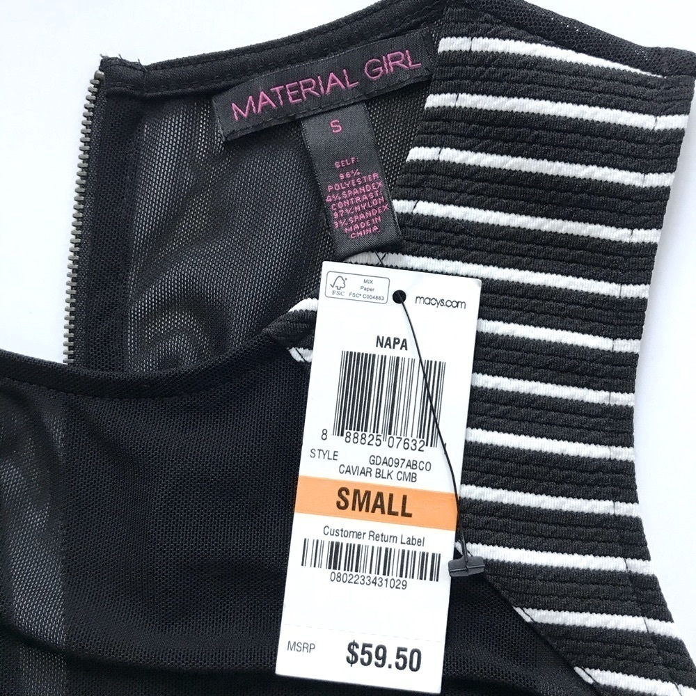 MATERIAL GIRL S Peplum Mesh Back Sleeveless Black & White Stripe Dress Small NWT - Picture 12 of 16